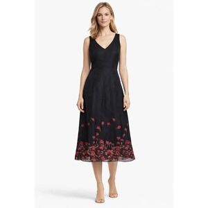 Laura Ashley Black Silk Dress Floral Hem Sleeveless 10 Wedding Guest Cocktail